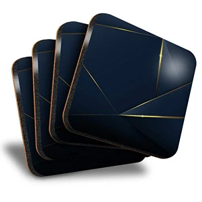 Image of Destination Vinyl ltd Great Coasters (Set of 4) Square Blue Gold Pattern Art Drink Glossy Coasters/Tabletop Protection for Any Table Type #3022