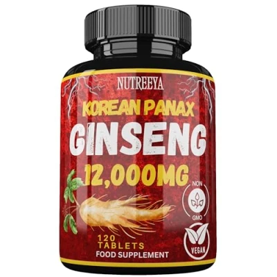 Image of Korean Panax Ginseng Extract, 12,000mg Strength, 120 Vegan Tablets, Standardized and Concentrated 50X Root Extract Supplement Non GMO