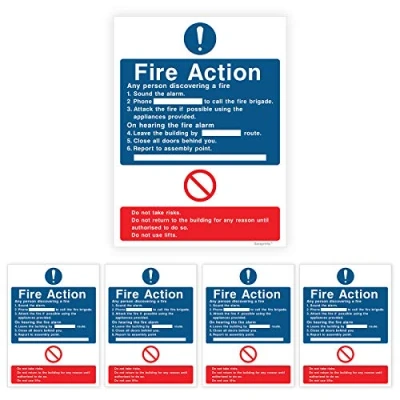 Image of Pack of 5 Fire Signs Self Adhesive Waterproof Action 150mm x 200mm V1222