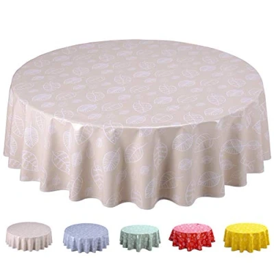 Image of Home Direct Round Oilcloth PVC Wipe Clean Tablecloth 160cm 62&quot; Leaves Beige