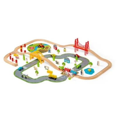 Image of Bigjigs Rail 80 Piece Rural Road and Wooden Train Set Kids with Accessories incl. Bridges &amp; a Level Crossing for Pretend Play