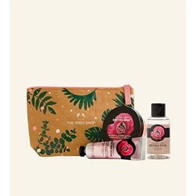 Image of The Body Shop 4 PC Mini Set British Rose Hand Cream, shower gel, Butter Zip Bag TRAVEL GYM