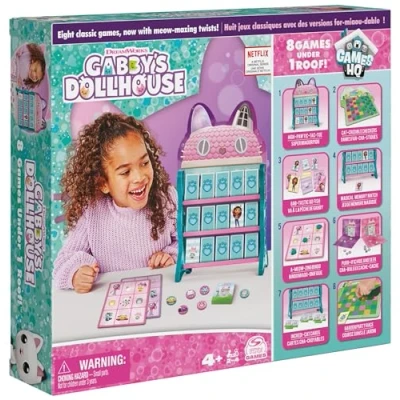 Image of Gabby’s Dollhouse, Games HQ Checkers Tic Tac Toe Memory Match Go Fish Bingo Cards Board Toy Gift Netflix Party Supplies, for Kids Ages 4 and up