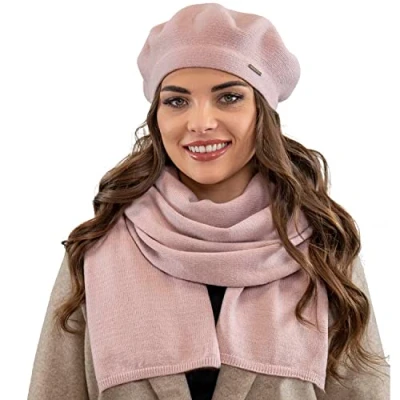 Image of Vivisence Elegant Women&#039;s Winter Beret and Scarf Set Made of Warm Thick Soft Fabric with Wool Blend for Ladies Ideal Cold Autumn Days, Light Pink,UNI