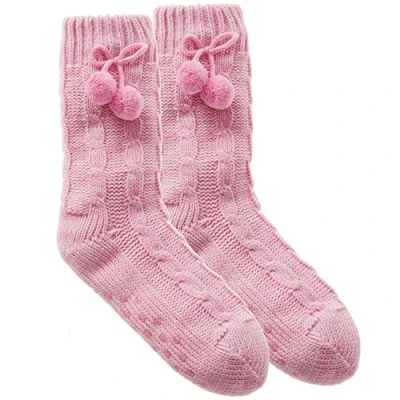 Image of Metzuyan Ladies Knitted Lounge Socks Warm Winter Bed with Sherpa Lining and Pom Poms Pink UK 4 8