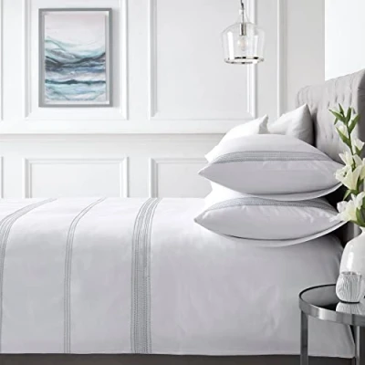 Image of Appletree Boutique Embroidered Band Duvet Cover Set Super King Bed Size in White