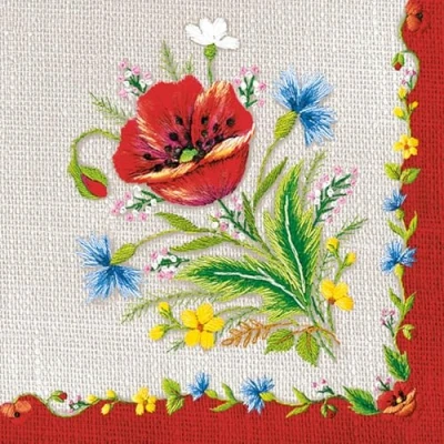 Image of 20 Napkins Flowers, Garden &amp; Nature Red Flowers in Embroidery Style Table Decoration Paper with Motif Also for Decoupage and 33 x cm