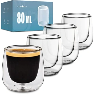 Image of Cosumy Double Walled Glass Espresso Cups Set of 4 Thermal Coffee Cup 80ml Keep The Temperature Longer Protect Your Hands