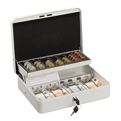 Image of Relaxdays Cash Box, Coin Counter Tray Lockable Portable Change &amp; Notes, H x W D: 8.5 30.5 24.5 cm, Iron, White