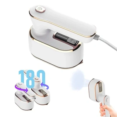 Image of Gabrella Travel Iron, 1000W Mini Steam 2 in 1 Foldable Handheld Portable Iron Steamer 20s Fast Heat Up, Ceramic Nonstick Soleplate, 180 Rotating Handle for Home Business (White)