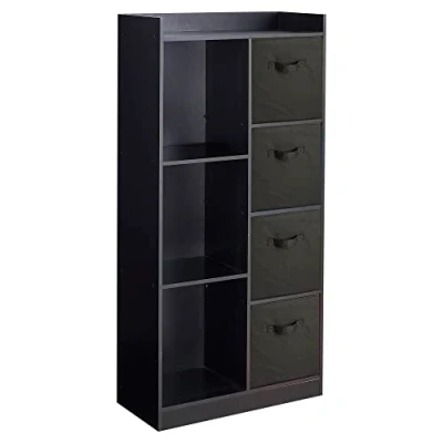 Image of URBNLIVING Tall Wooden 7 Cube Bookcase Shelving Display Storage Unit Cabinet Shelves New (Black Bookcase, Black Drawer)