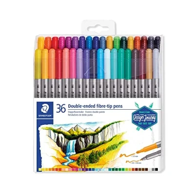 Image of STAEDTLER 3200 TB36 Design Journey Double Ended Fibre Tip Pens with Thin &amp; Wide Nibs Assorted Colours (Pack of 36)