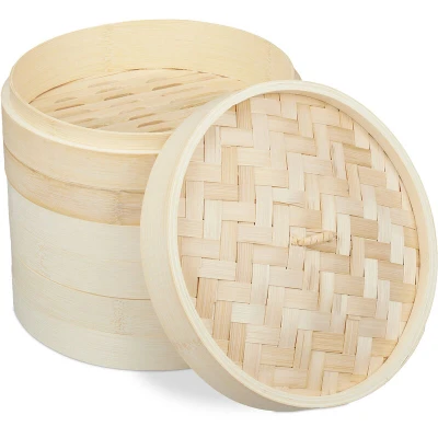 Image of Relaxdays 10031463 Bamboo Steamer, 3 Tier, Traditional, Asian Cooker, for Rice, Dim Sum, Vegetable, Basket, Pot, Ø24cm, Natural