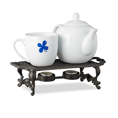 Image of Relaxdays Food Warming Tray, Extremely Robust, Antique Look, Holders for 2 Tea Lights, Cast IRO, Brown, HWD: 8.5x30x13.5 cm