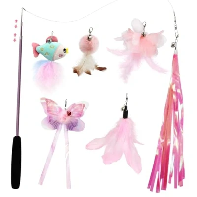Image of SONGWAY Cat Feather Wand Stick Toy 7 Pcs Toys, 1 Retractable Teaser with 6 Refills, Tassel Butterfly Interactive Toys for Indoor Kitten, Pink
