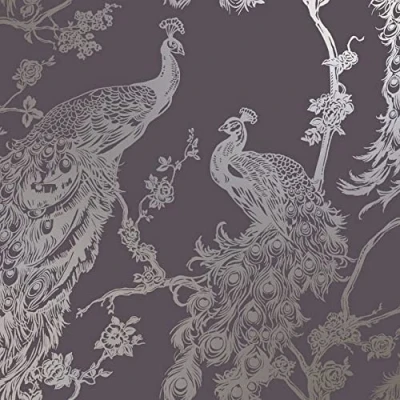 Image of Holden Glistening Peacock Bird Feather Wallpaper Floral Leaf Trail Metallic Roll[Purple Plum Gold 12961]