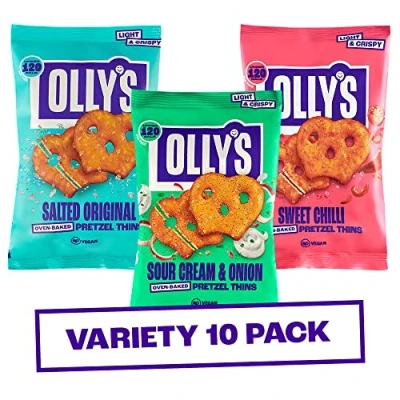 Image of Olly&#039;s Pretzel Thins, Mixed Variety Pack, 35g (Pack of 10), x3 Sour Cream, Sweet Chilli &amp; x4 Original Salted, Low Calorie Snacks, Fat, Source Fibre, No Preservatives