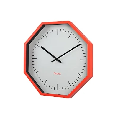 Image of FISURA Original octagonal orange wall clock. Modern clock kitchen. Non ticking 30 centimetres diameter. ABS and Glass. 1 AA Battery.
