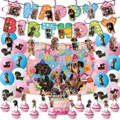 Image of Dachshund Birthday Party Decorations Supplies Set With Funny Balloons Banner Spirals Cake Topper Cupcake Toppers Backdrop for