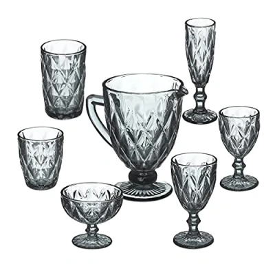 Image of Relaxdays Set of 7 Glasses, Jug, Ice Cream Cup, Champagne Glass, 2 Drinking Glasses &amp; Wine Dishwasher Safe, Grey
