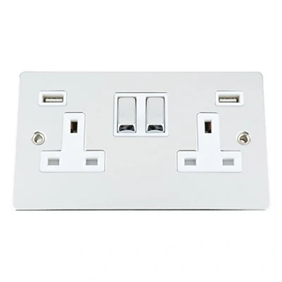 Image of USB Socket 2 Gang Polished Chrome Flat White Insert Metal Rocker (3100mA)