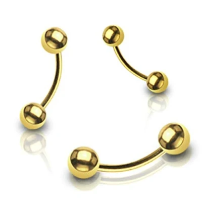 Image of The Goldmine Curved Gold Plated over 316L Surgical Stainless Steel Barbell 16GA (1.2mm) 1/4&quot;(6mm) Bar with 3mm Balls FREE UK Delivery