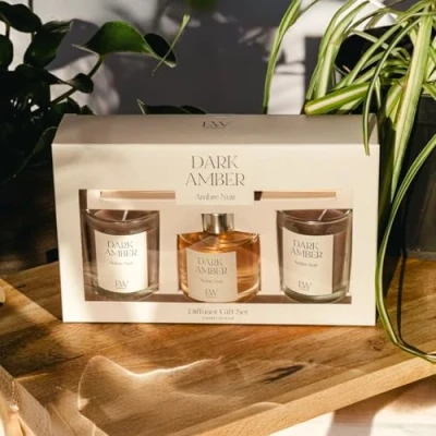 Image of Marco Paul Dark Amber Diffuser and Scented Candles Home Decor Candle Gift Set Tea Small Long Burning Lights Christmas Sets