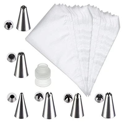 Image of Piping Bag, 100 Pcs Disposable Bags with 1 Professional Adapter and 6 Reusable Nozzles, Large Icing Bag for Pastry Sweet Cone Cake Decorating 30 * 20cm