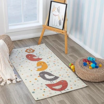 Image of Livabliss Birds Kids Rug Childrens for Bedroom 80x150 cm , Animal Carpet Girls &amp; Boys Rug, Playroom and Nursery Rugs Baby Girl or Boy Room, Ivory, Mustard, Pink
