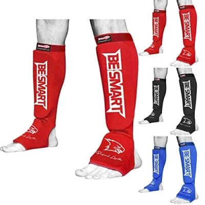 Image of BeSmart Shin Instep Pads MMA Leg Foot Guards Muay Thai Kick Boxing Guard Protector (Red, Medium)