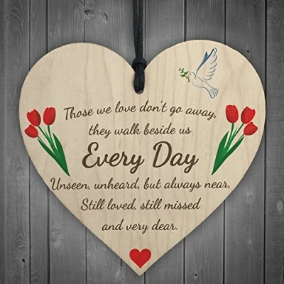 Image of RED OCEAN Those We Love Don&#039;t Go Away Wooden Hanging Heart Memorial Plaque Heaven Sign