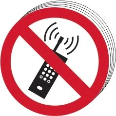 Image of No Mobile Phones Symbol Safety Sign, Pack of 10, Self Adhesive Vinyl, 100mm dia.