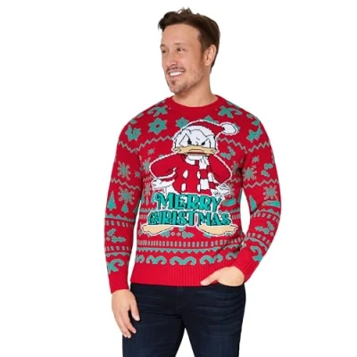Image of Disney Mens Christmas Jumper Crew Neck with Long Sleeves, Warm Cosy Xmas Gifts for Men (Red Donald, 2XL)