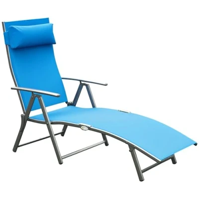Image of Outsunny Sun Lounger Steel Frame Outdoor Folding Chaise Texteline Lounge Chair Recliner with Headrest &amp; 7 Levels Adjustable Backrest, Blue