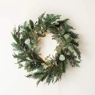 Image of Lights4fun 40cm Pre Lit Artificial Foliage Frosted Berry &amp; Pinecone Christmas Wreath for Front Door Indoor Wall Decoration