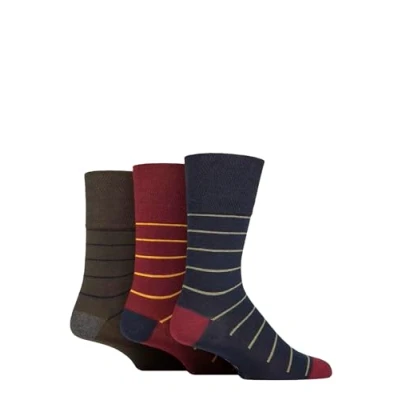 Image of Mens 3 Pair Gentle Grip Cotton Argyle Patterned and Striped Socks Simplicity Stripe Burgundy / Navy 6 11