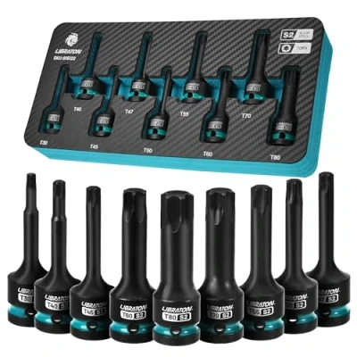 Image of LIBRATON Impact Torx Bit Socket Set, 1/2&quot; Drive, S2 Alloy Steel, 9PCS Star Sockets T30 T80, XPE Storage, for Professional Household Car Repair