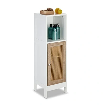 Image of Relaxdays Bathroom Cabinet, 3 Compartments, HWD: 96.5 x 30 cm, Narrow Storage Unit with Rattan Door, White/Natural, Fibreboard