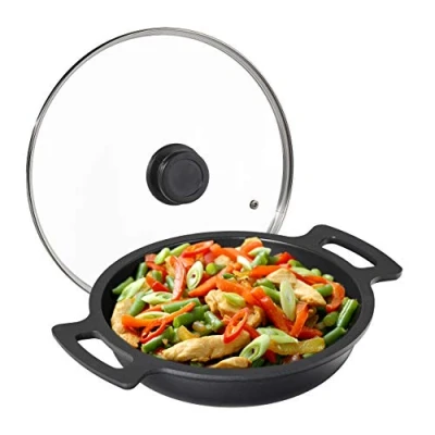 Image of Relaxdays 10031496 Grill Pan, Non Stick Coated, with Lid, for Cooker &amp; BBQ, Serving, Aluminium, Diameter: ca. 28 cm, Anthracite, Glass