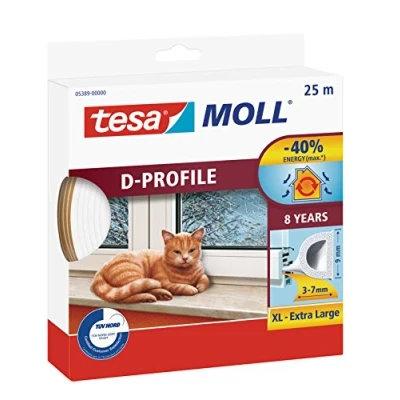 Image of tesamoll D Profile Seal Self Adhesive Rubber Draught Excluder for Insulating Gaps in Windows and Doors White 25 m x 9 mm