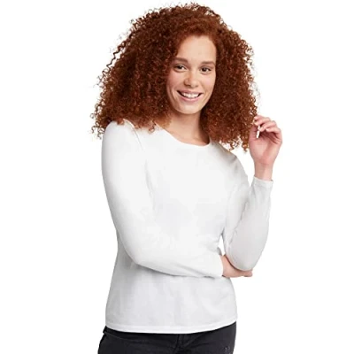 Image of Hanes Women&#039;s Originals Long Sleeve Cotton T Shirt, Lightweight Crewneck Tee, Modern Fit, White, M