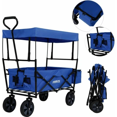 Image of Arebos Foldable Cart with Roof Transport 2X Net Pockets and 1x Outside Pocket Solid Tires Blue