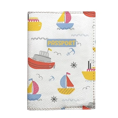 Image of Cute Kids Passport Cover, Sea Boats and Anchors, Tickets Holder, Travel Case for Children, Vegan Leather Pouch Documents