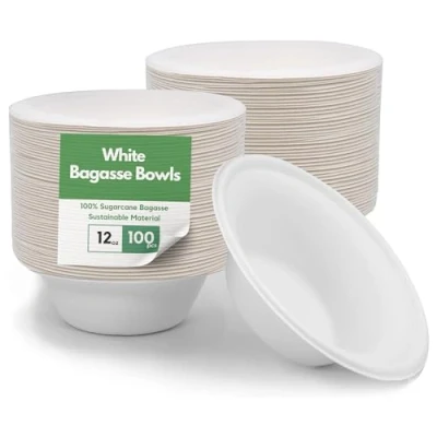 Image of CaterCo Bagasse Sugarcane 12oz / 340ml Bowls Strong, Disposable, Biodegradable, Compostable Eco Friendly White Paper Bowl for Soup, Salad, Dessert, Party, BBQ 100 Pack