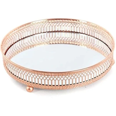 Image of KARRMA Mirror Glass Metal Antique Decorative Candle Plate Display Tray Centerpiece Tray, Perfume TrayTealight (28CM, Copper)