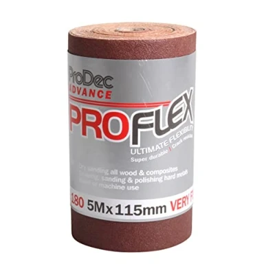 Image of ProDec Advance 5m Roll 180 Grit Very Fine Grade ProFlex Ultra Flexible Crack Resistant Aluminium Oxide Abrasive Sanding Paper for Wood, Paint, Plaster, Filler, Metal and More, 115mm Wide