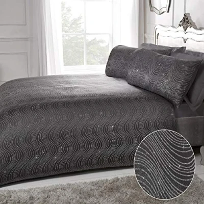 Image of Sleepdown Swirl Striped Glitter Charcoal Grey Jacquard Luxury Easy Care Duvet Cover Quilt Bedding Set with Pillowcases Double (200cm x 200cm), Polyester