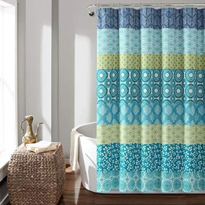 Image of Lush Decor Bohemian Stripe Shower Curtain, 72&quot; W x L, Blue &amp; Green Boho Curtain Colorful Striped Bathroom Maximalist