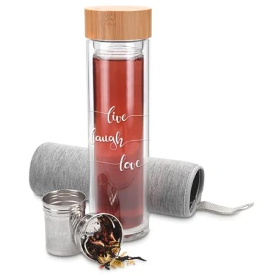 Image of Navaris Glass Water Bottle 500ml Double Wall Borosilicate Tea with Stainless Steel Infuser, Bamboo Lid, Non Slip Neoprene Sleeve (Grey)