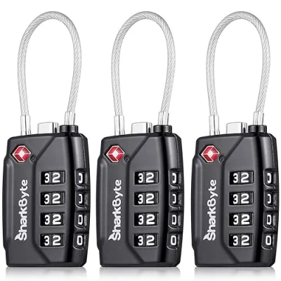 Image of SharkByte TSA Suitcase Locks 4 Dial Security Travel Combination Padlock, Flexible Cable Wire Lock for Suitcases Luggage Case Bag Gym Locker Code Small Padlock (Pack of 3)